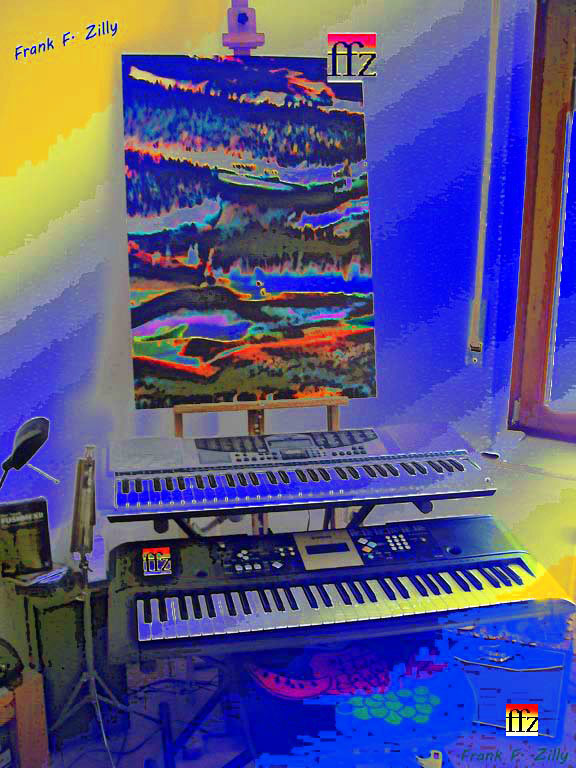 Der gelernte Computer-Spezialist Frank F. Zilly macht  -  h e u t e  -  neben gesellschaftskritischer "integrativer digitaler Konzept-Kunst" an selbstgebauter Computer-Anlage (gro�formatige Drucke auf diversen Medien), die schlicht einzigartig ist, vor allem auch MUSIK an Orgel (analog + digital) und Keyboard, experimentelle FOTOGRAFIE und WEBDESIGN, bei dem allein das Wesentliche, "die Botschaft", im Mittelpunkt steht, betreibt EXISTENZIALPHILOSOPHIE auf Basis des gesunden Menschenverstandes und des Wissens von heute und hat auch deshalb nicht f�r alle Gr��en aus Schul- und Uni-Tagen mit ach so klangvollen Namen unbedingt viel �brig ... Warum auch ? Die Menschheit muss vorankommen, darf angesichts der gewaltigen Probleme auf dieser Welt und denen, die erst noch kommen werden, nicht im Breittreten von altem M... steckenbleiben ! ... "ja, ich bin urspr�nglich schlichter, d�rflicher Herkunft und heute bzw. in meinem Alter - so schwer und nachteilig das alles f�r mich war - manchmal sogar etwas stolz darauf, wei� also sehrwohl, was mit "Mist" gemeint ist. Und wieviel und vielerlei es davon - nicht nur auf einem Bauernhof - gibt !"     Bei der H�rprobe (Link unter Bild / mp3-f�higer Browser notwendig) spielt der einstige Kirchen-Organist Frank F. Zilly, inspiriert auch von einem seiner Werke auf der Staffelei vor ihm, an den beiden abgebildeten, mit einem Computer verbundenen Keyboards, also ohne Pedalwerk, aus seiner "Improvisation Faunlandia". Der Computer, der dank entsprechender Software-Ausstattung auch als leistungsf�higes Tonstudio dient, das aus preiswerten Keyboards oder reinen Klaviaturen "Wundert�ten" machen kann, die alle erdenklichen Sounds wiedergeben k�nnen, zeichnet in diesem Fall aber nur den Original-Ton der Keyboards auf. 