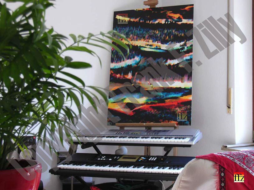 Print von meinem Werk "Morgentod" auf PVC-Platte 70x100 cm, hier auf Staffelei stehend